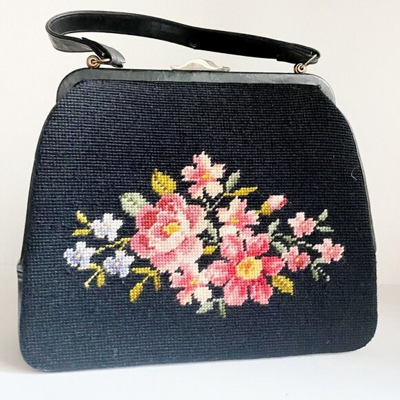 Vintage Black Colourful Floral Large Needlepoint Top Handle Bag - Picture 2 of 8